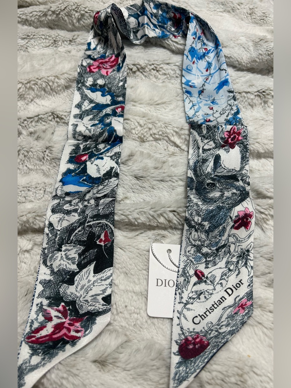 Floral Print Silk Twilly Scarf - White with Pink & Blue Accents